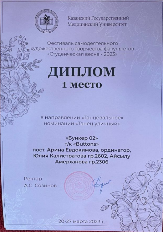 студвесна Буттонс диплом 1 место